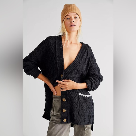 Free People Montana Cable Cardi Cardigan Varsity Button Down Sweater | Small - Picture 2 of 10